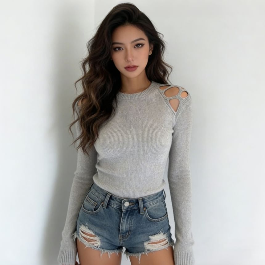Crew Neck Long Sleeve Solid Cutout Ribbed Knit Top