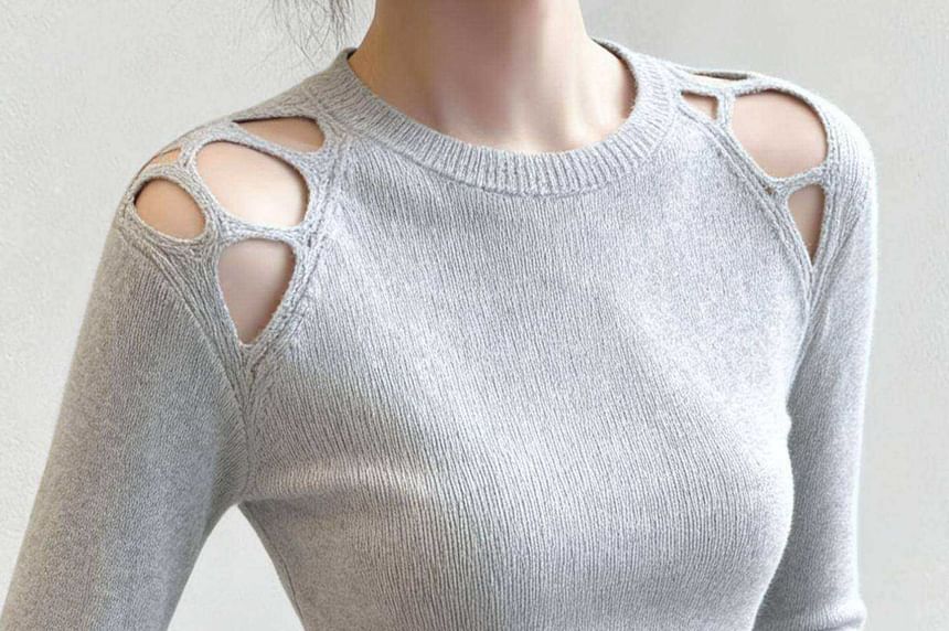 Crew Neck Long Sleeve Solid Cutout Ribbed Knit Top