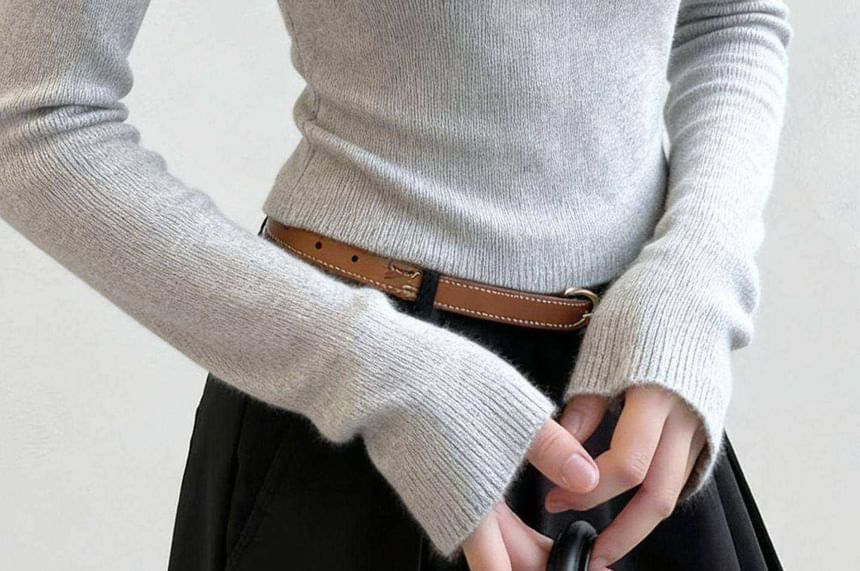 Crew Neck Long Sleeve Solid Cutout Ribbed Knit Top
