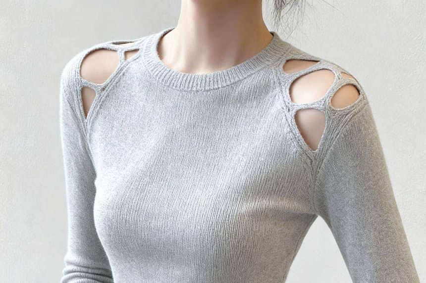 Crew Neck Long Sleeve Solid Cutout Ribbed Knit Top