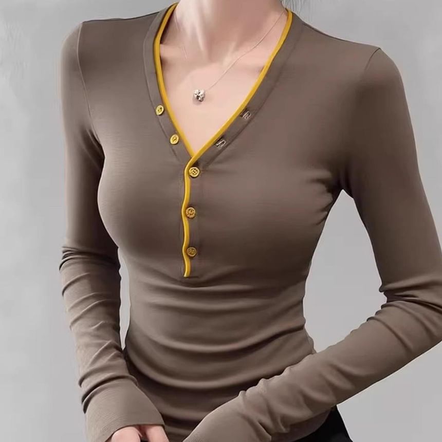 Long Sleeve Contrast Trim Henley Shirt