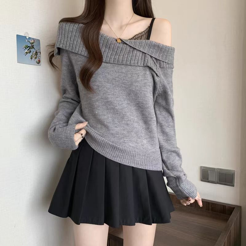 One-Shoulder Sweater Plain Style