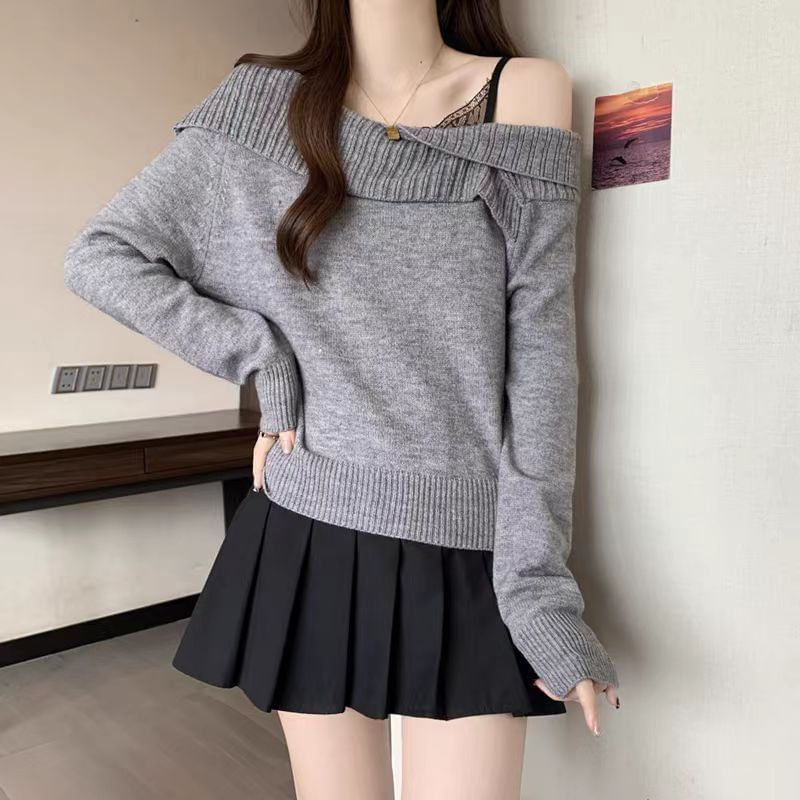 One-Shoulder Sweater Plain Style