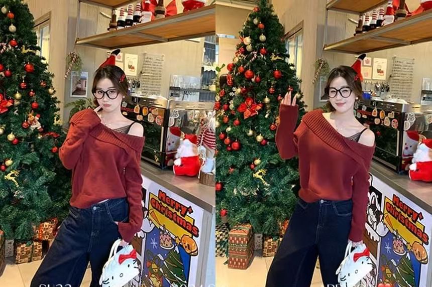 One-Shoulder Sweater Plain Style