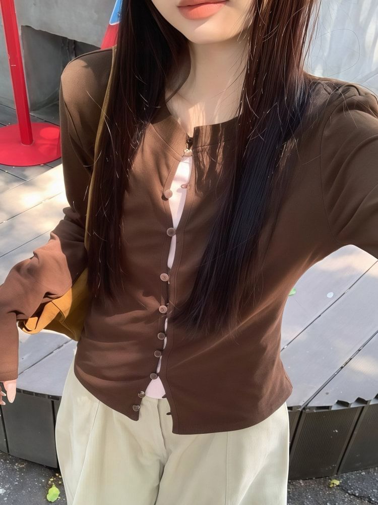 Button-Up Long Sleeve Top with Mock Two-Piece Style
