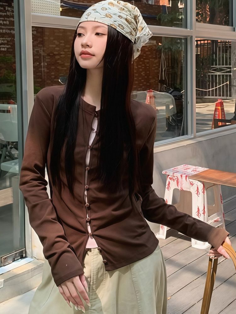 Button-Up Long Sleeve Top with Mock Two-Piece Style