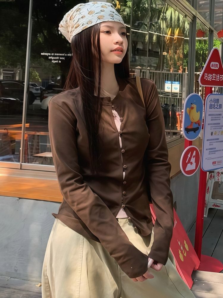 Button-Up Long Sleeve Top with Mock Two-Piece Style