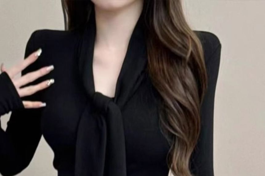 Tie Neck Plain Top with Long Sleeves