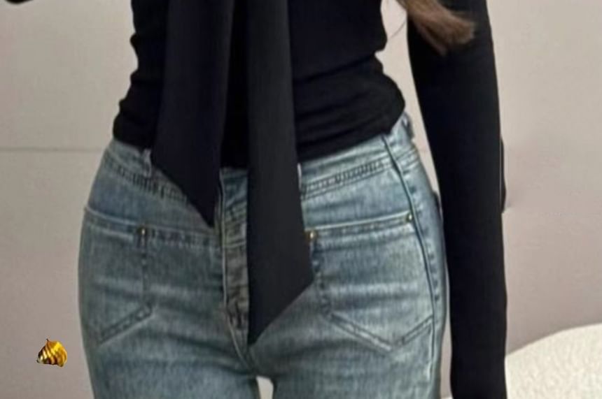 Tie Neck Plain Top with Long Sleeves
