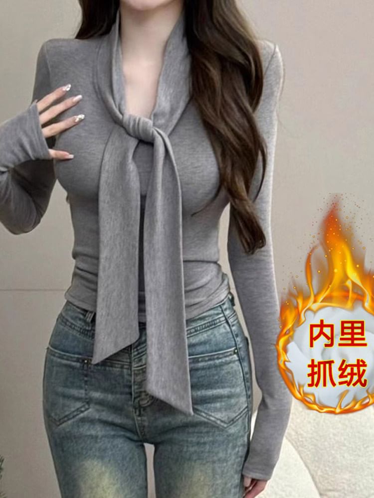 Tie Neck Plain Top with Long Sleeves