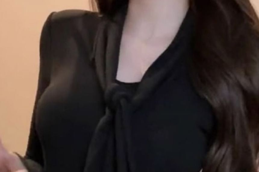 Tie Neck Plain Top with Long Sleeves
