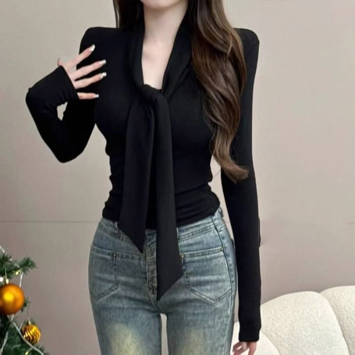 Tie Neck Plain Top with Long Sleeves