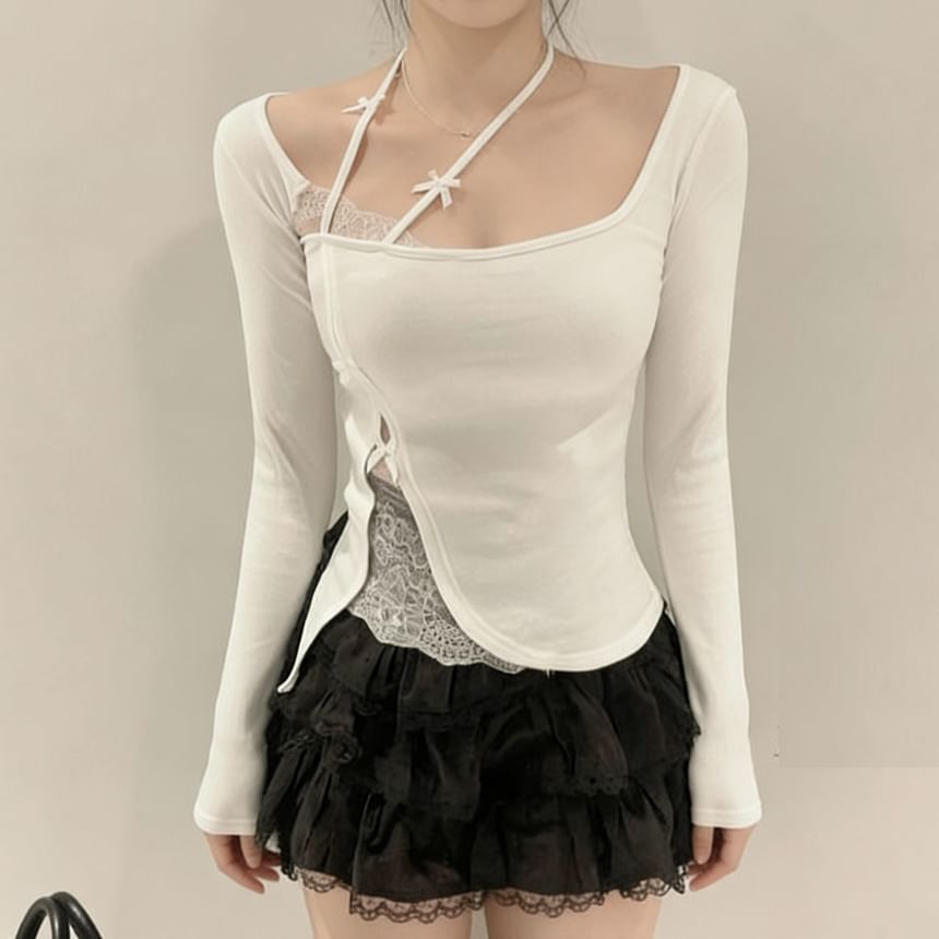 Square Neck Long Sleeve Solid Lace Trim Tee