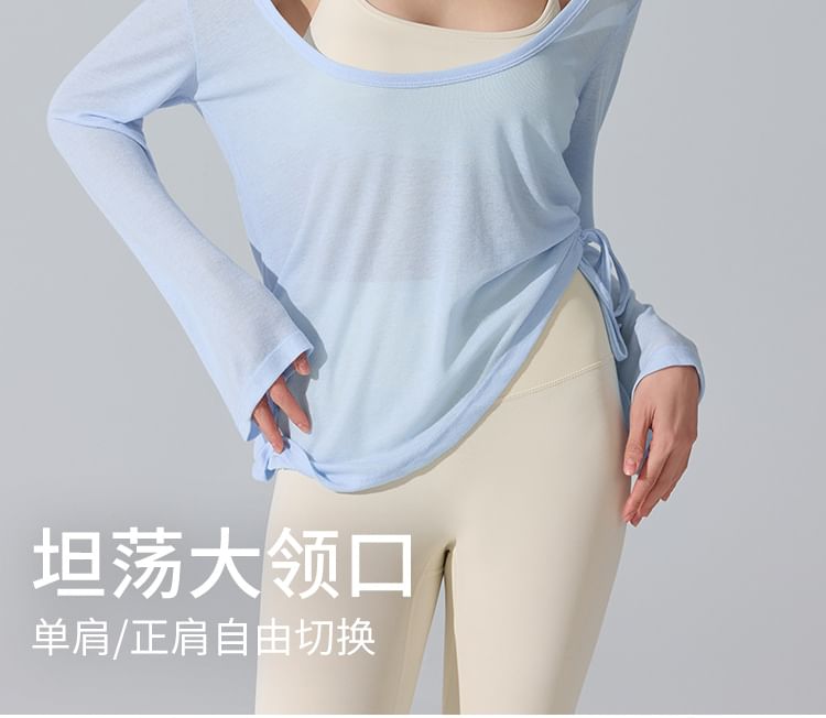 Sheer Drawstring Asymmetrical Scoop Neck Tee