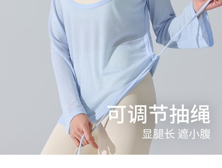 Sheer Drawstring Asymmetrical Scoop Neck Tee