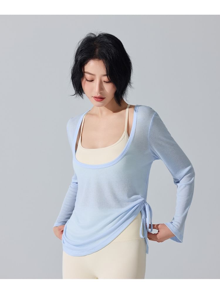 Sheer Drawstring Asymmetrical Scoop Neck Tee