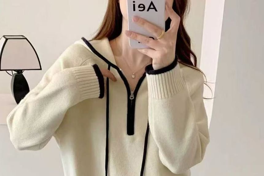 Half-Zip Contrast Trim Knit Hoodie