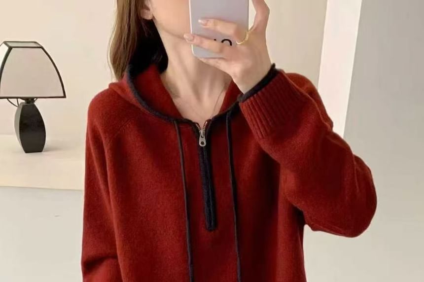 Half-Zip Contrast Trim Knit Hoodie