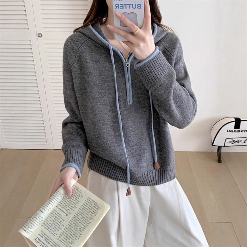 Half-Zip Contrast Trim Knit Hoodie