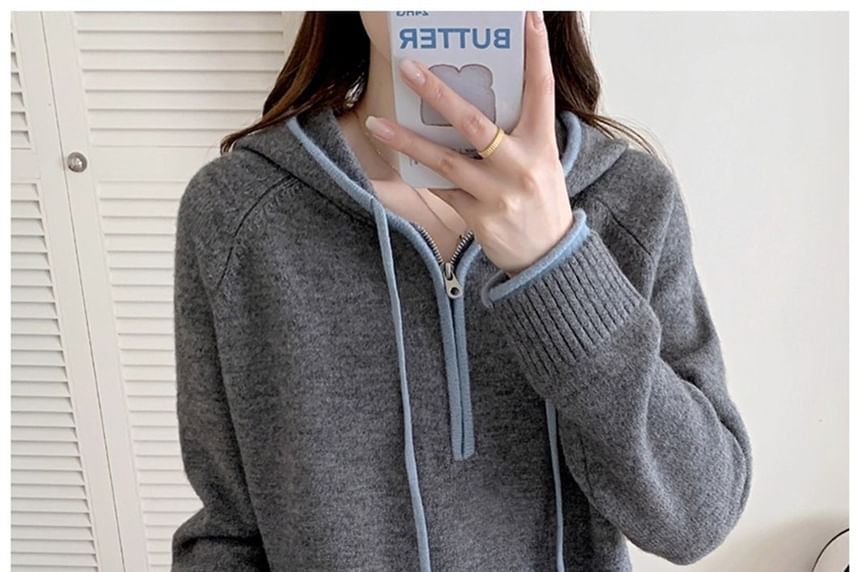 Half-Zip Contrast Trim Knit Hoodie