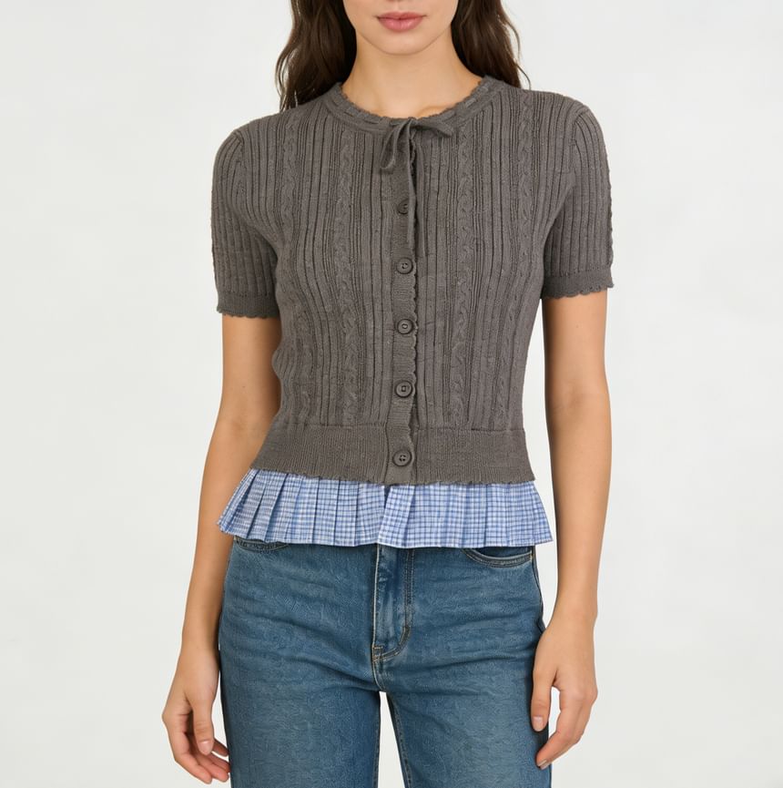Short-Sleeve Crew Neck Plaid Panel Button-Up Cable Knit Crop Cardigan