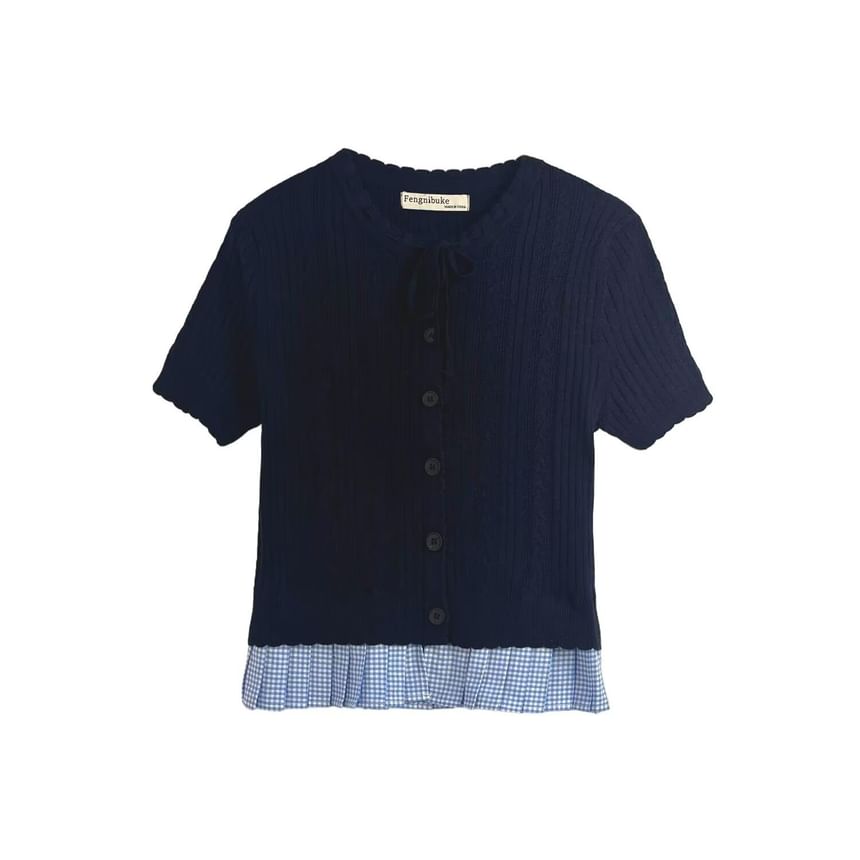 Short-Sleeve Crew Neck Plaid Panel Button-Up Cable Knit Crop Cardigan