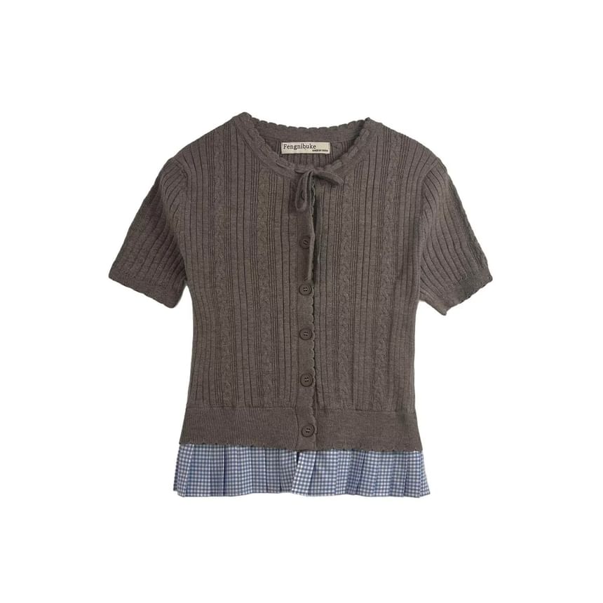 Short-Sleeve Crew Neck Plaid Panel Button-Up Cable Knit Crop Cardigan
