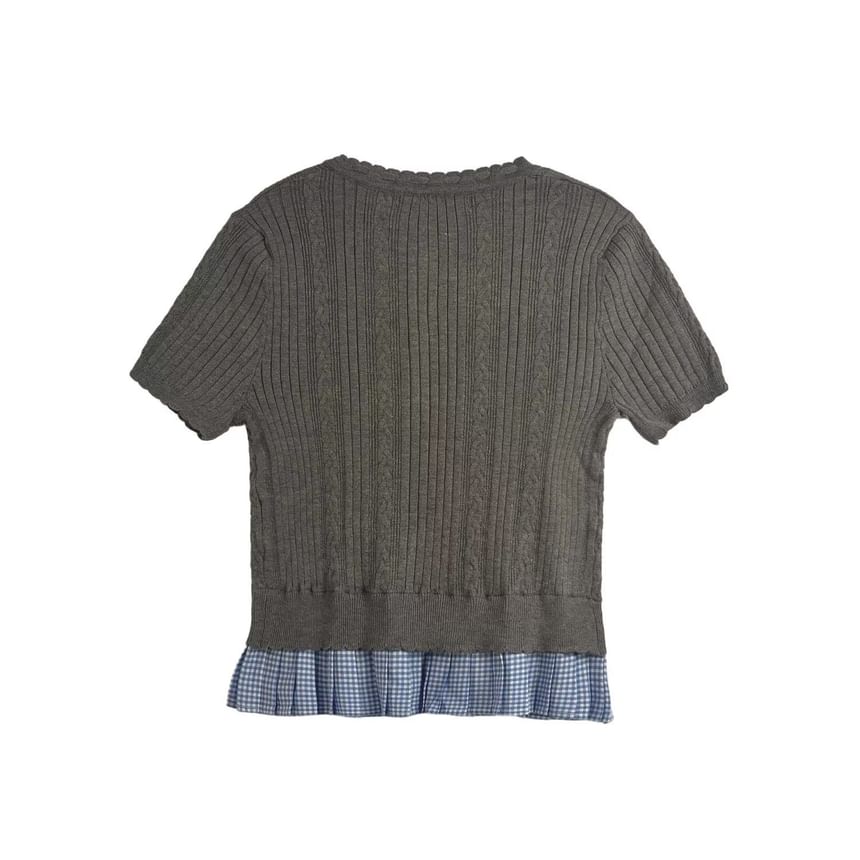 Short-Sleeve Crew Neck Plaid Panel Button-Up Cable Knit Crop Cardigan