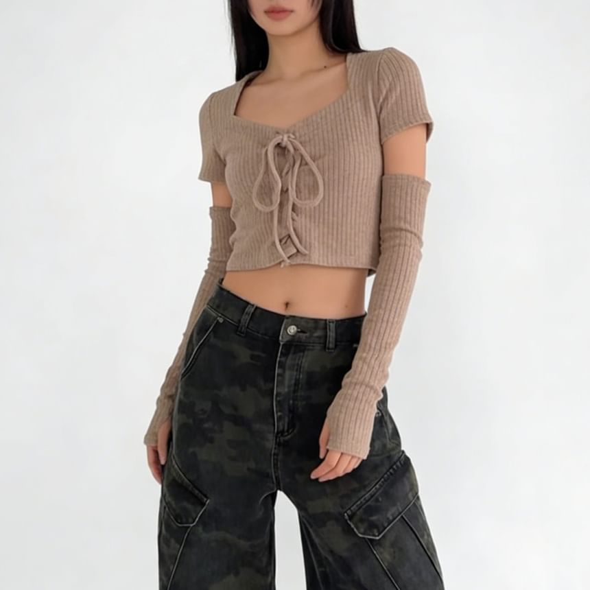 Ribbed Lace-Up Crop Top with Arm Sleeves Set