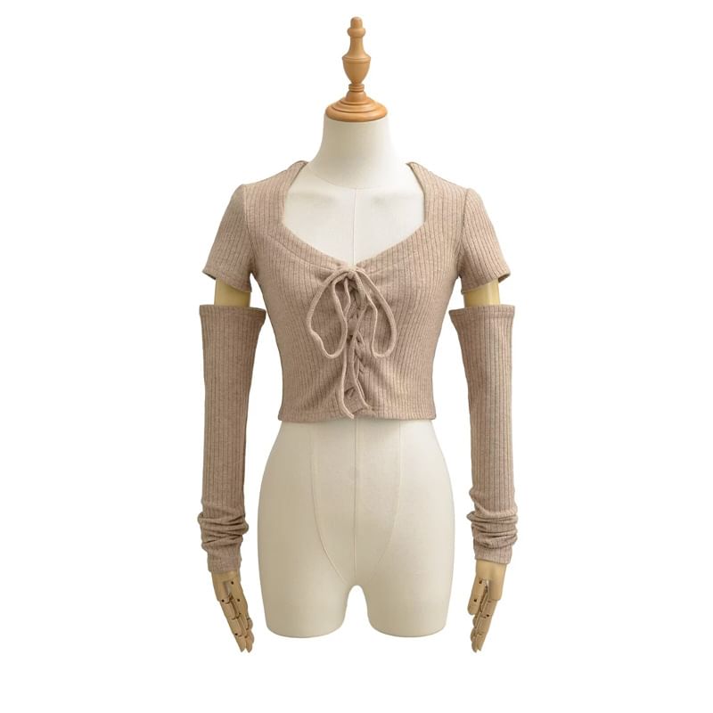 Ribbed Lace-Up Crop Top with Arm Sleeves Set