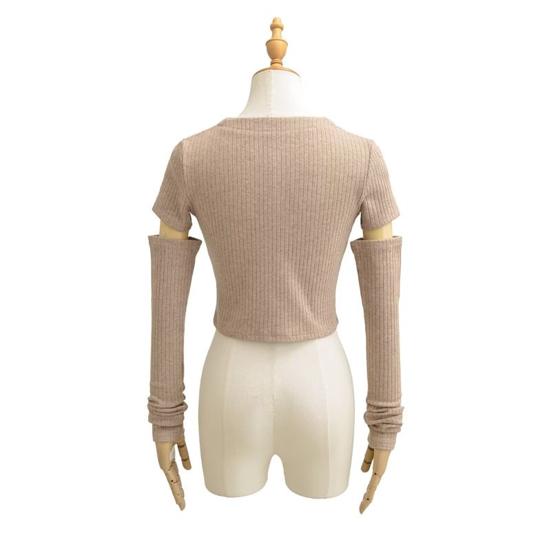 Ribbed Lace-Up Crop Top with Arm Sleeves Set