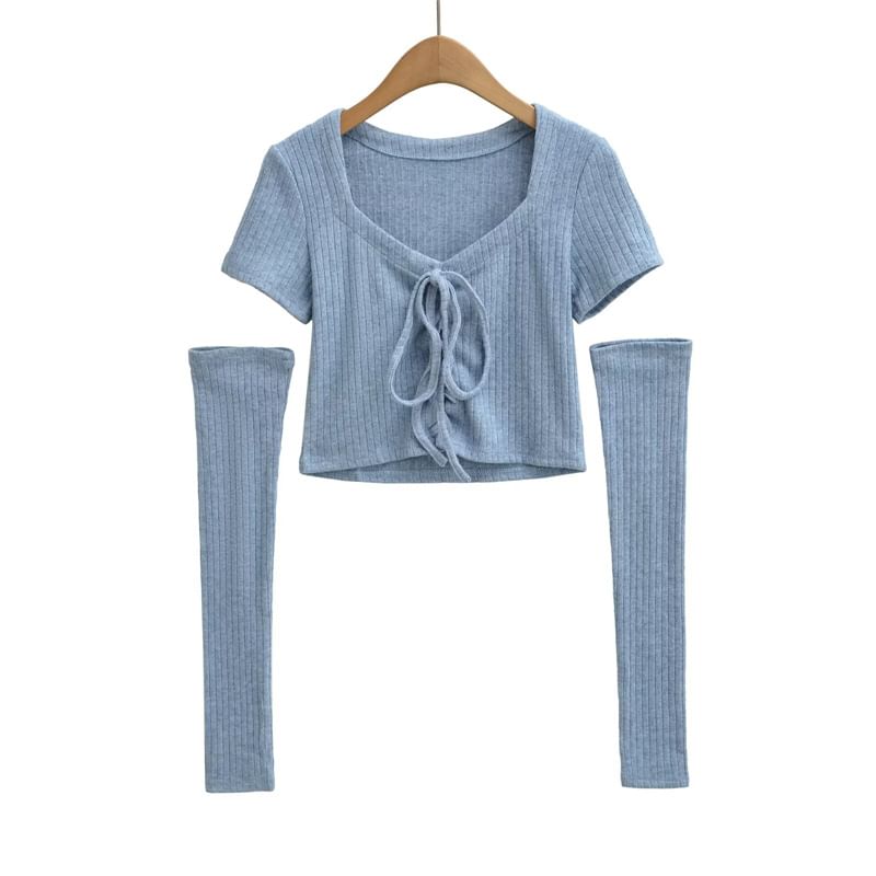 Ribbed Lace-Up Crop Top with Arm Sleeves Set