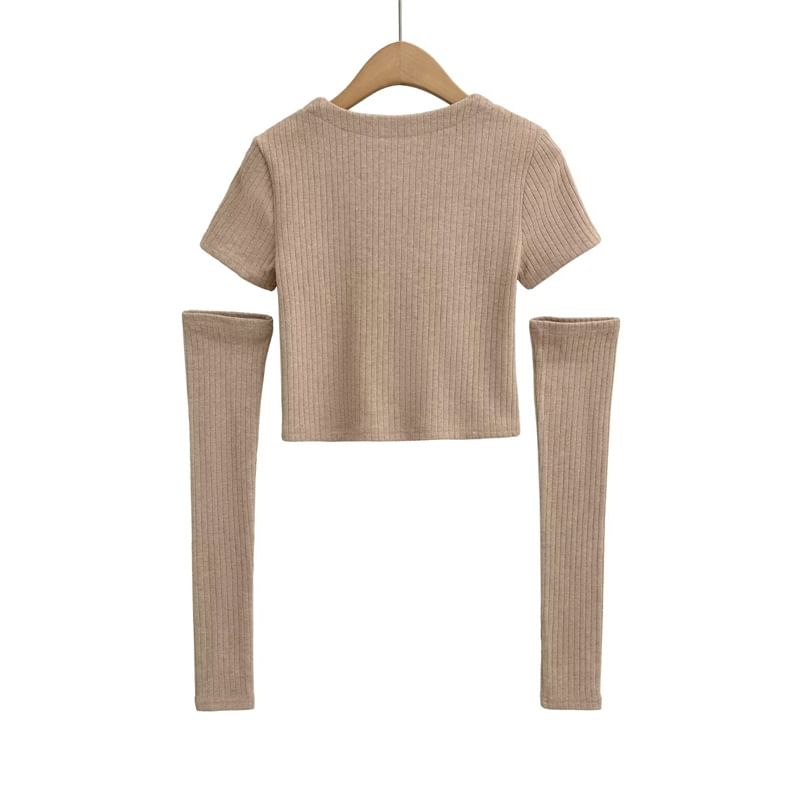 Ribbed Lace-Up Crop Top with Arm Sleeves Set