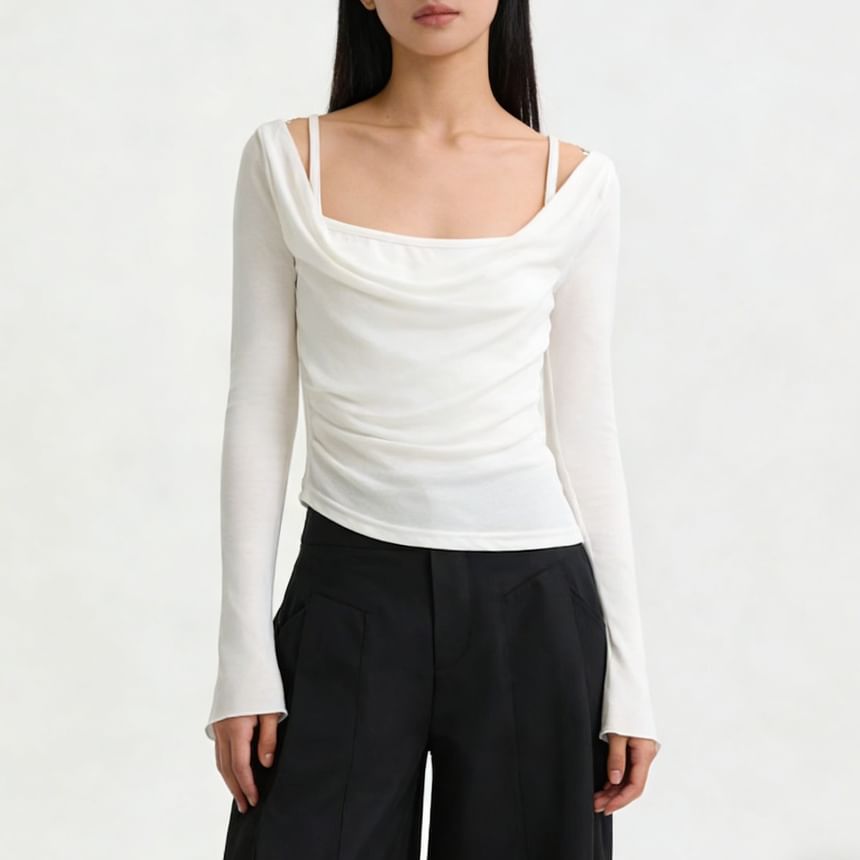Cowl Neck Ruched Crop Tee Long Sleeve