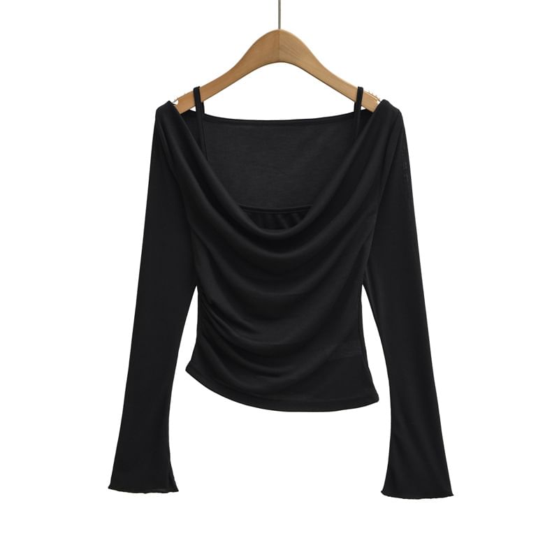 Cowl Neck Ruched Crop Tee Long Sleeve