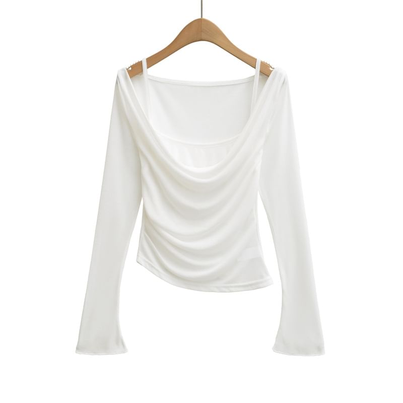 Cowl Neck Ruched Crop Tee Long Sleeve