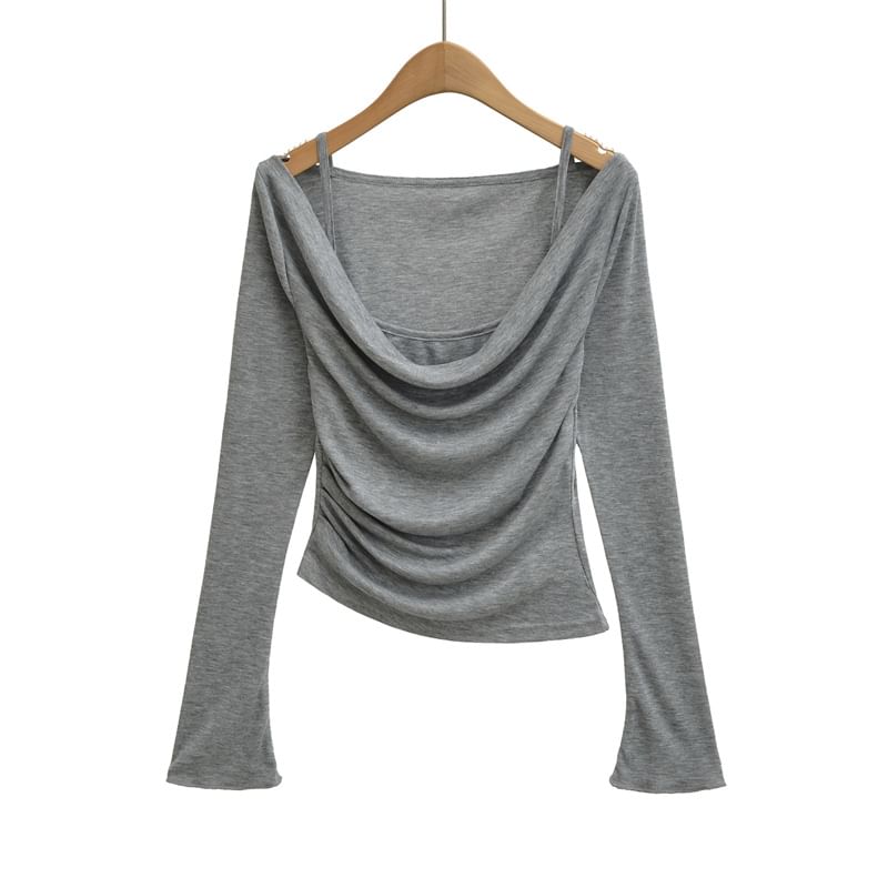 Cowl Neck Ruched Crop Tee Long Sleeve