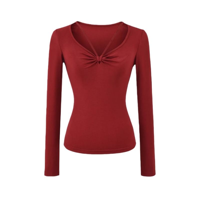 Ruched V-Neck Long Sleeve T-Shirt