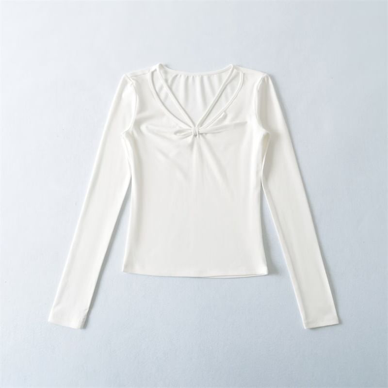 Ruched V-Neck Long Sleeve T-Shirt