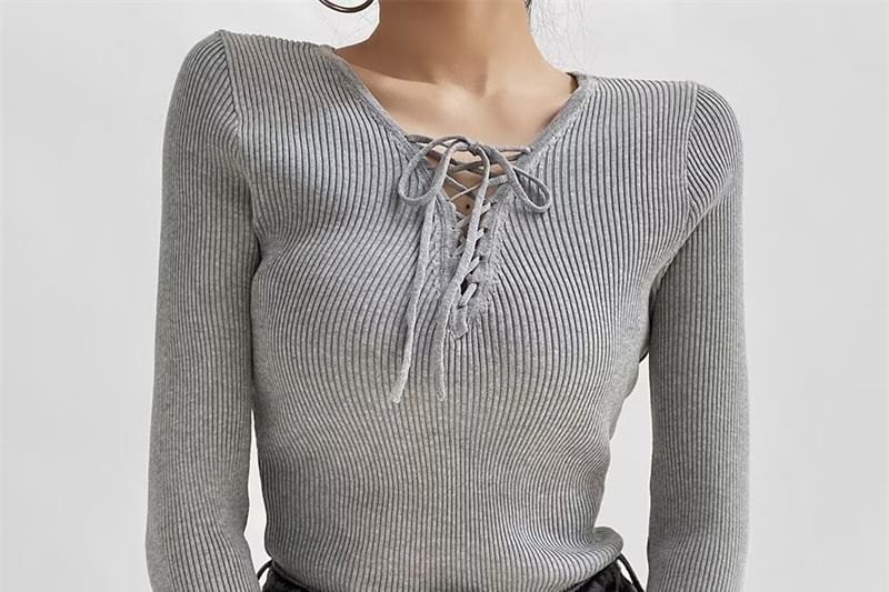 Ribbed Knit Bodysuit Top Long Sleeve V-Neck