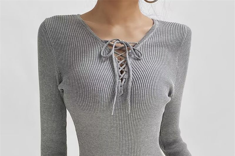 Ribbed Knit Bodysuit Top Long Sleeve V-Neck