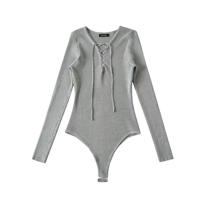 Ribbed Knit Bodysuit Top Long Sleeve V-Neck