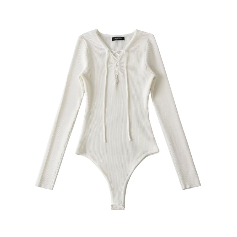 Ribbed Knit Bodysuit Top Long Sleeve V-Neck