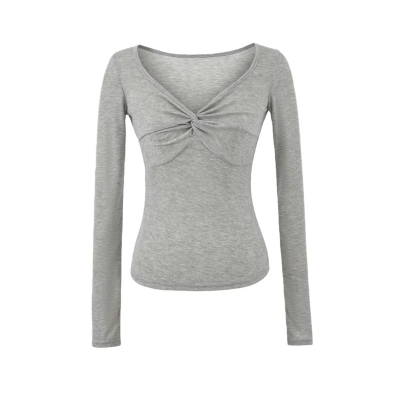 Twisted Ruched V-Neck Long Sleeve Tee