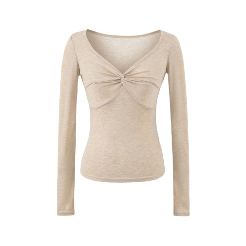 Twisted Ruched V-Neck Long Sleeve Tee