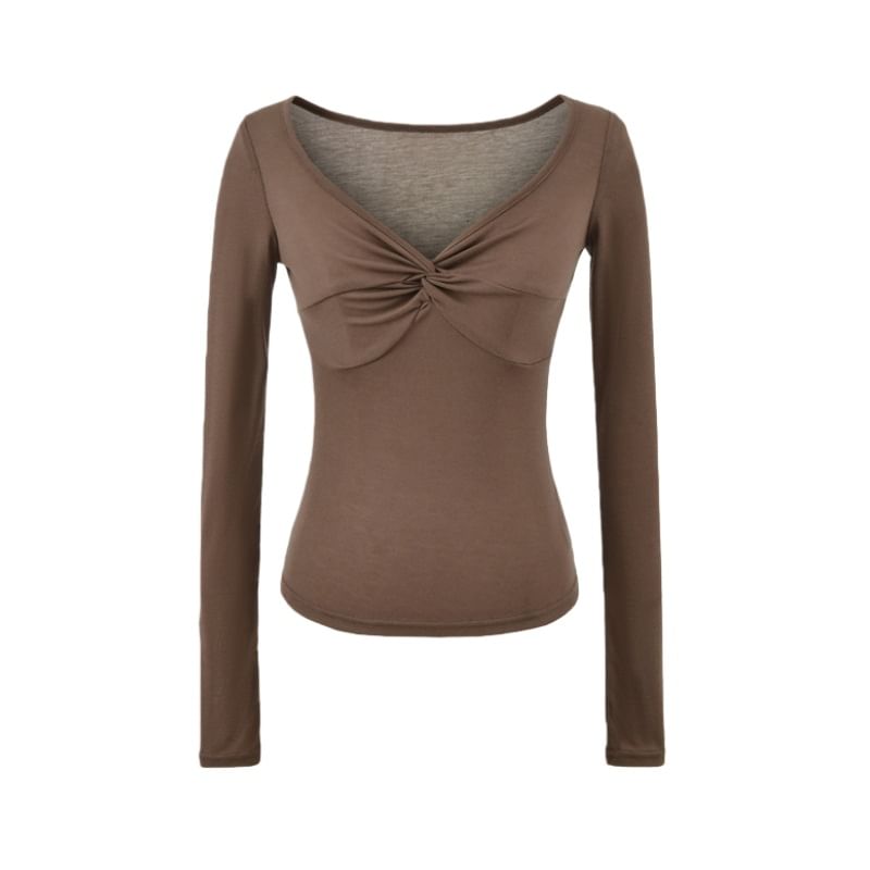 Twisted Ruched V-Neck Long Sleeve Tee