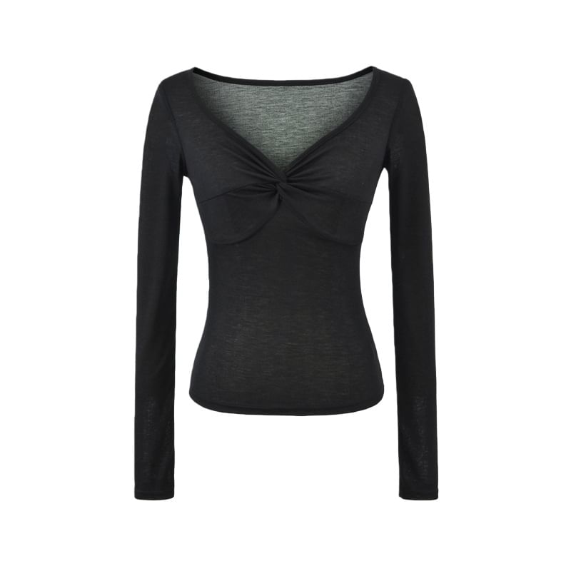 Twisted Ruched V-Neck Long Sleeve Tee