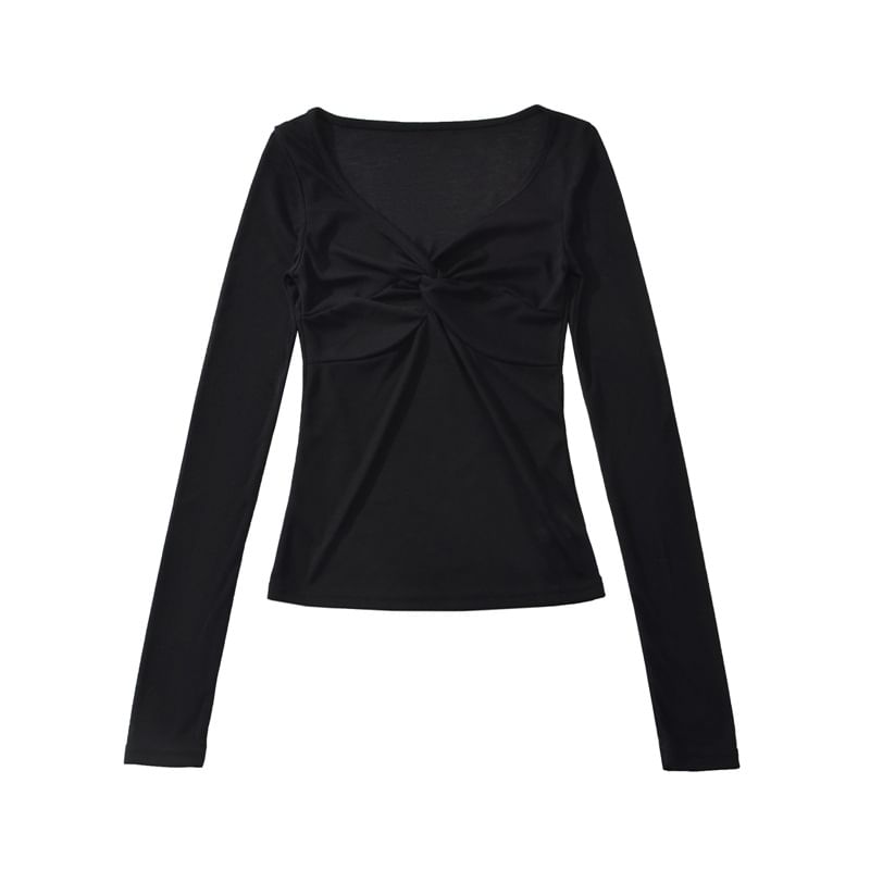 Twisted Ruched V-Neck Long Sleeve Tee
