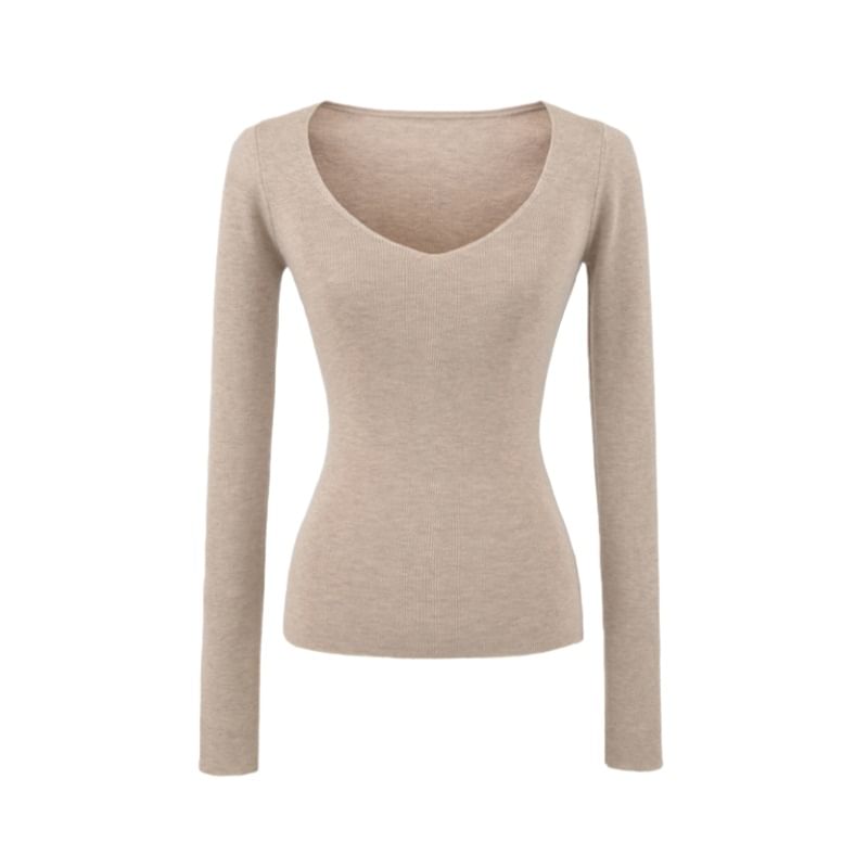 Plain Knit Long Sleeve V-Neck Top
