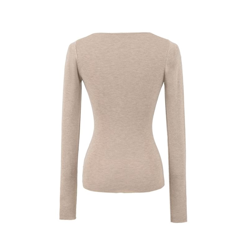 Plain Knit Long Sleeve V-Neck Top